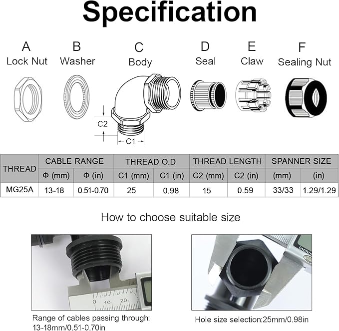 LeMotech M25 Cable Gland, 90 Degree Adjustable 13-18mm Strain Relief, Cord Connectors Nylon Joints with Gaskets, 2 Pcs, Black