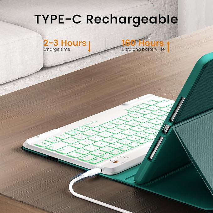 OYEEICE for iPad 9th Generation Case with Keyboard 10.2'' - 7 Color Backlit Wireless Keyboard Cover with Pencil Holder for iPad 9th/8th/7th Gen 10.2 inch, iPad Air 3rd Gen & iPad Pro 10.5" - Teal