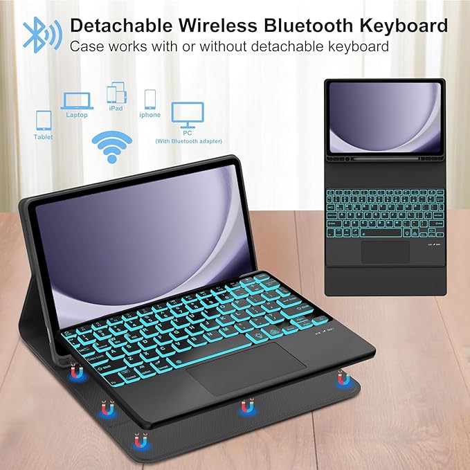 Backlit Touchpad Keyboard Case for Samsung Galaxy Tab A9 Plus 5G 11 Inch 2023 Model (SM-X210/X215/X216/X218), Magnetic Detachable Keyboard Cover with S Pen Holder for Galaxy Tab A9+ 11", (Black)
