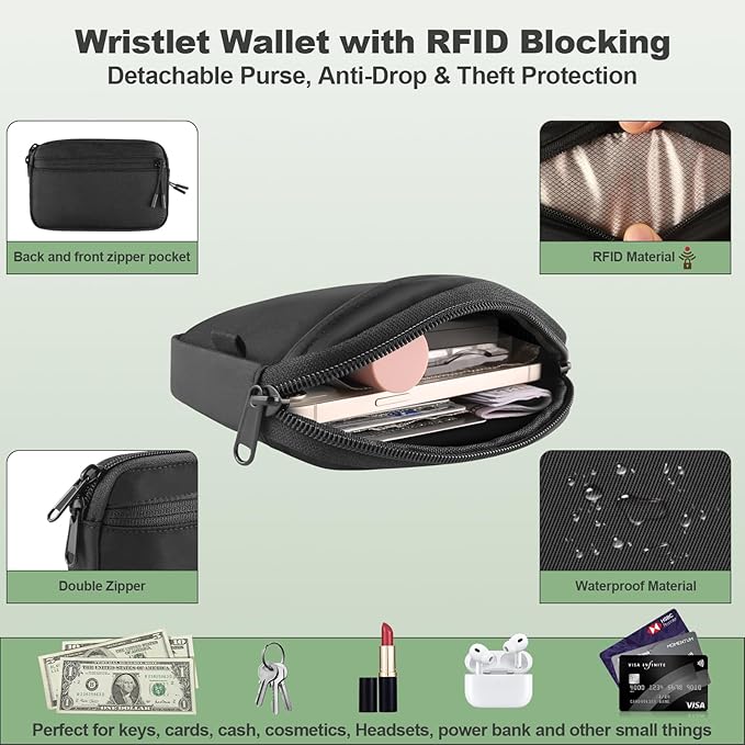 Clip and Go Strap for Phone with Wallet Crossbody, Adjustable Phone Lanyard with Detachable RFID Wristlet Wallet, Pattern Strap, Black (M)