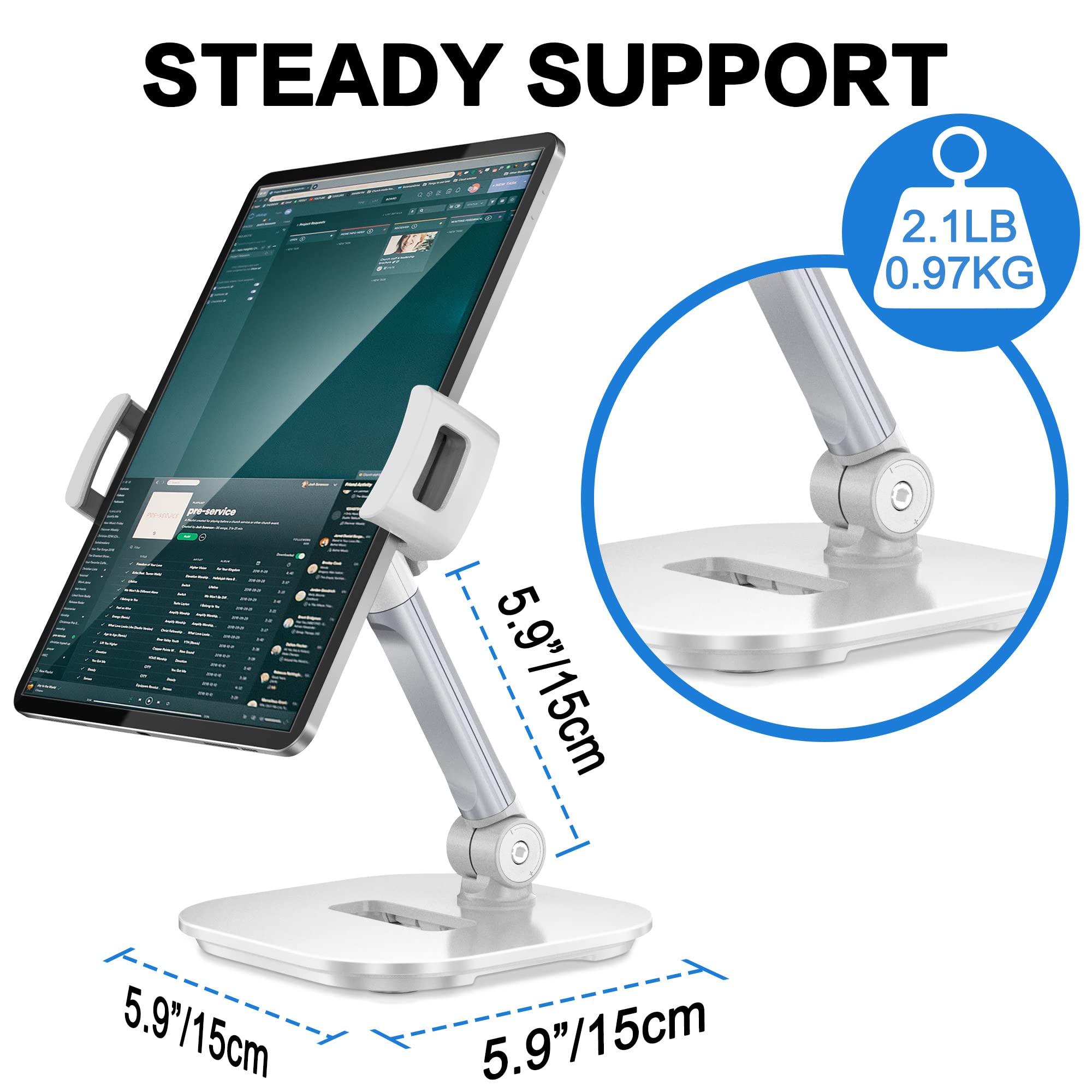 AboveTEK Upgraded Desktop Tablet Stand, 360° Swivel Tablet & Phone Desk Mount Holders for Any 4.7''-13.5'' Display iPad/Cell Phones, Stylish & Sturdy Stands for Store Office Showcase Reception (White)