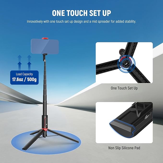 NEEWER Basics PA991 Selfie Stick Tripod Compatible with iPhone Samsung Android, 57.9 Inch Metal Portable Lightweight Travel Mobile Phone Stand with Holder & Remote Control for Video Recording