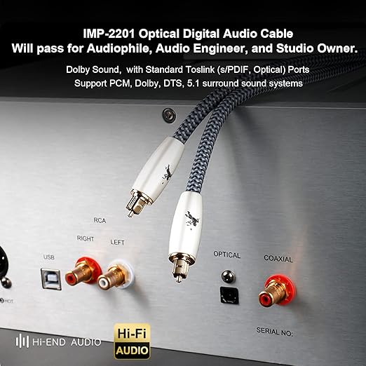 Digital Fiber Optic Audio Cable for Sound Bar Toslink Cord Male to Male 24K Gold Plated Connector Optical Audio Cable 6ft 10ft S/PDIF Glass Core, 4.9feet/1.5M IMP-2201