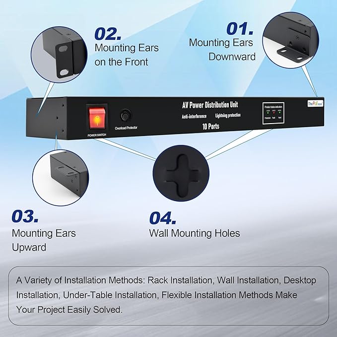 10 NEMA 5-15R Outlet Surge Protector PDU, 120V 15A 3600J 10KA, 1U Rack Mount Power Strip for Network Server Racks, AV Equipment, & More - 14AWG 6ft Cord, ETL Listed
