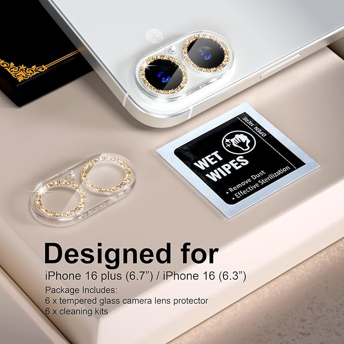 beuxece for 6 Pack iPhone 16 / iPhone 16 Plus Camera Lens Protector [Drop Protection] [Case Friendly] [Easy Installation] 9H Tempered Glass Camera Screen Protector Cover Accessories, Glitter Gold