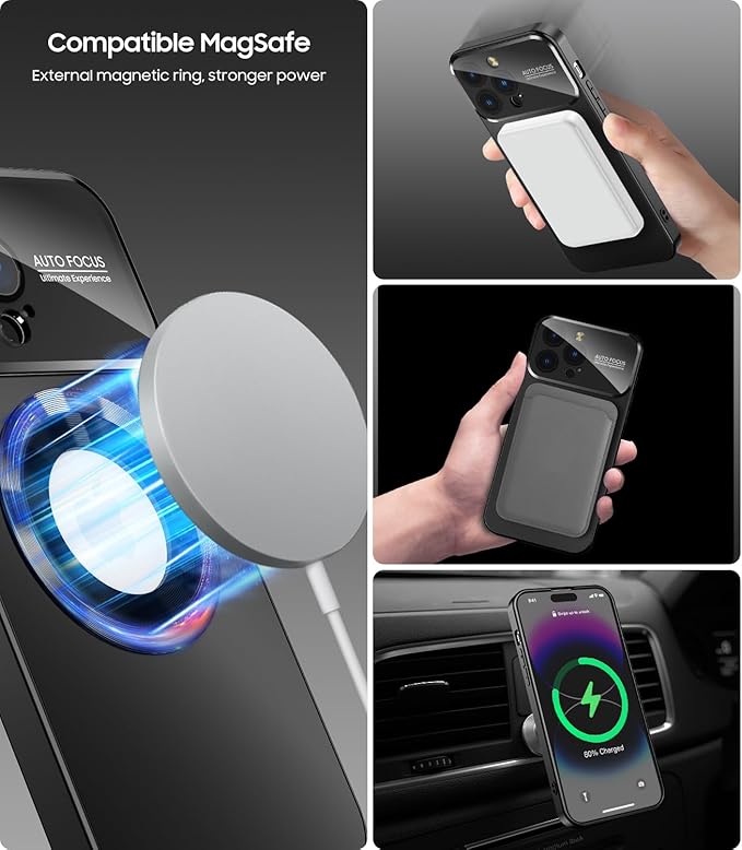 Magnetic for iPhone 16 Pro Case, Compatible with MagSafe, Built-in Camera Lens Protector, Logo View, Military Grade Drop Proof Phone Cover, Black