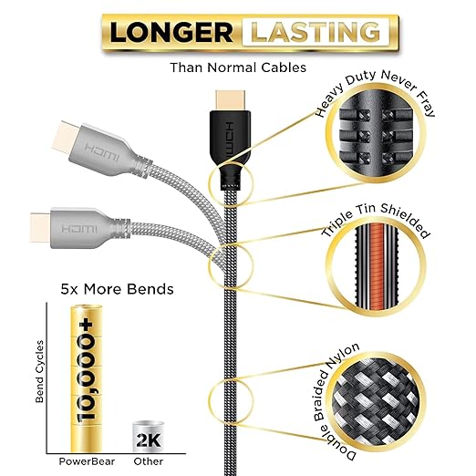 PowerBear 4K HDMI Cable 15 ft | High Speed Hdmi Cables, Braided Nylon & Gold Connectors, 4K @ 60Hz, Ultra HD, 2K, 1080P, ARC & CL3 Rated | for Laptop, Monitor, PS5, PS4, Xbox One, Fire TV, & More