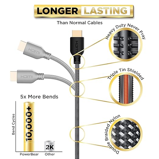 PowerBear 4K HDMI Cable 25 ft | High Speed Hdmi Cables, Braided Nylon & Gold Connectors, 4K @ 60Hz, Ultra HD, 2K, 1080P, ARC & CL3 Rated | for Laptop, Monitor, PS5, PS4, Xbox One, Fire TV, & More
