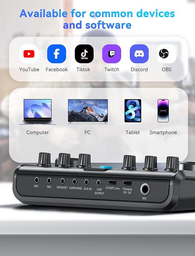 SINWE USB Audio Interface for Smartphone & PC: Plug-and-Play Live Sound Card with DJ Mixer, Voice Changer & Customized sound effects. Ideal for Recording Music, Home Studio, Podcasts & Streaming