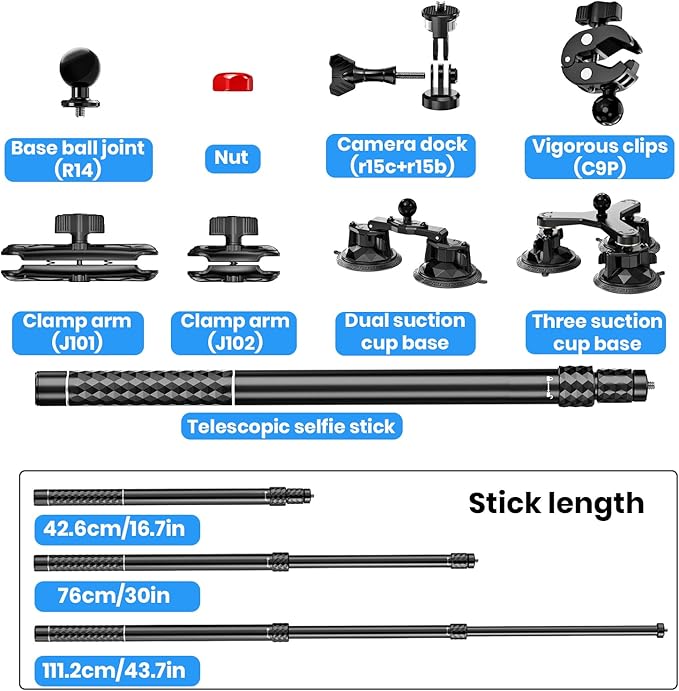 Suction Car Mount for GoPro/Insta360/DJI | Aluminum Alloy Extendable Selfie Stick with Multi-Joint Flexible Arm | Upsized Strong Suction Mount Kit Includes Tripod Adapter