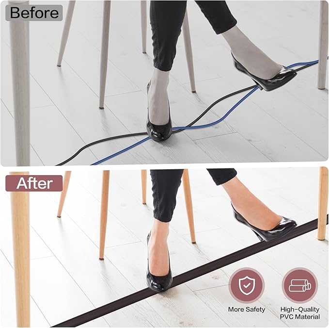 Floor Cord Cover Self Adhesive Cord Hider Floor Extension Cord Covers for Floor Power Cord Protector Cable Management Prevent Cable Trips Cable Cavity 0.47" W x 0.27" H (Dark Walnut, 10Ft)