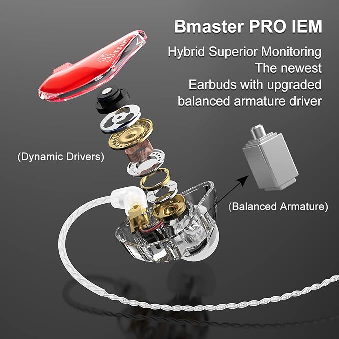 BASN in-Ear Monitors, Bmaster Triple Driver HiFi Stereo Noise-Isolating IEM Headphones with Enhanced Bass for Drummers Musicians (PRO Red/Blue)
