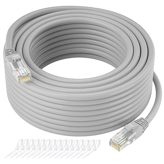 Cat5e Ethernet Cable 25 FT, Long Cat 5e Internet Cable, Grey Snagless Patch Cord, Flexible, Network, LAN, PoE, Standard RJ45 Connector for PC, Server, Router, Modem, TV, PS5 - with 15 Cable Ties