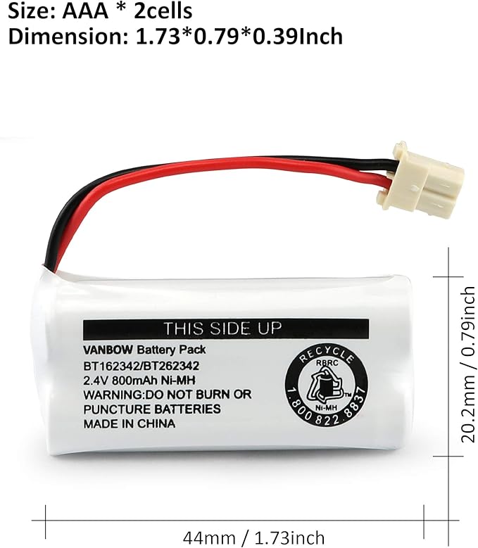 Battery BT162342 / BT262342 BT183342/BT283342 BT166342/BT266342 2.4v 800Mah Battery Pack for VTech CS6114 CS6419 CS6719 AT&T EL52300 CL80112 VTech CS6719-2 Cordless Handsets (Pack 4)