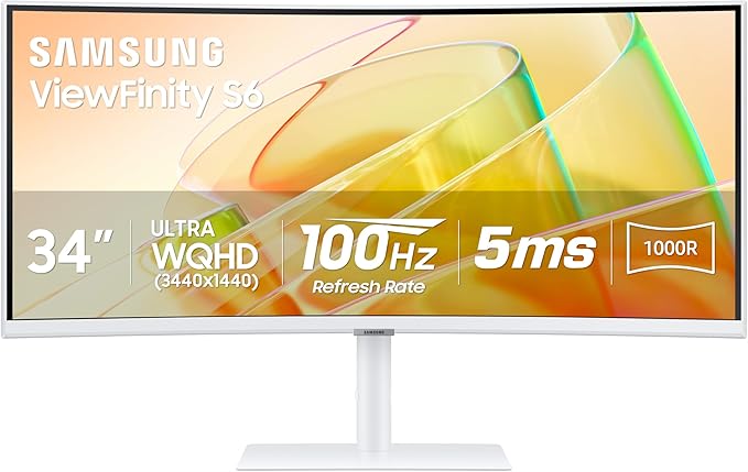 Samsung 34” ViewFinity (S65TC) Series Ultra-WQHD 1000R Curved Computer Monitor, HDR10, 100Hz, AMD FreeSync, Thunderbolt 4, Height Adjustable Stand, Built-in Speakers, Eye Care, LS34C650TANXGO, 2024