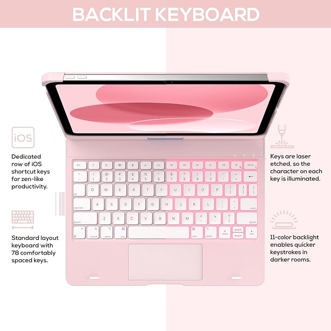 typecase Touch iPad 10th Generation Case with Keyboard (10.9", 2022) and iPad A16 (11th Gen, 2025) – 360° Rotatable, 11-Color Backlit, Multi-Touch Trackpad, Thin & Light (Light Pink)