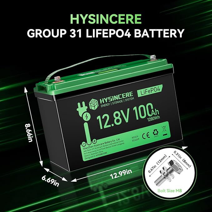 12V 100Ah LiFePO4 Battery BCI Group 31 Lithium Battery, Deep Cycle Battery with 100A BMS, 1280Wh Energy, Up to 15000 Cycles & 10-Year Lifespan for Trailer RV, Marine, Home Energy System