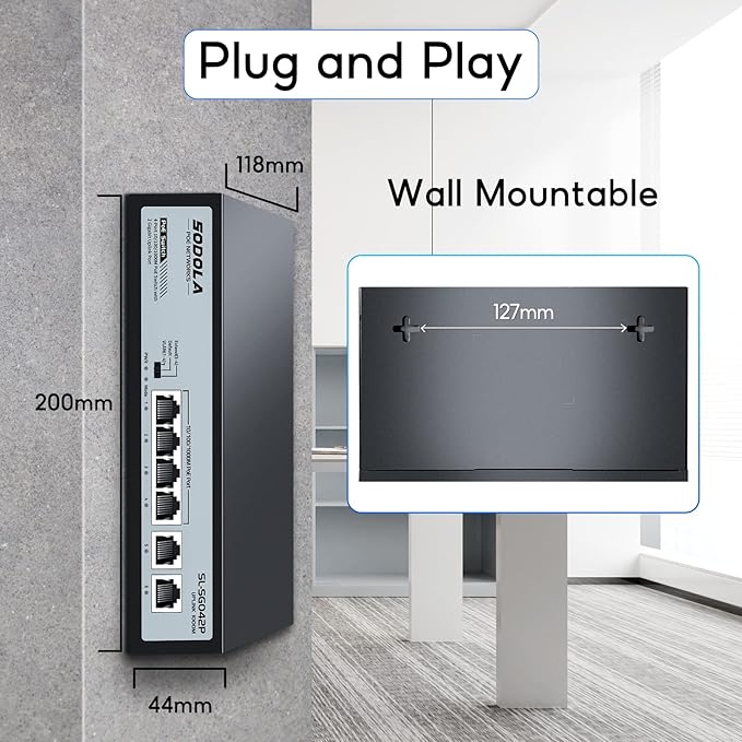 SODOLA 4 Port Gigabit PoE Switch with 2 Uplinks, AI Watchdog/Extend/Port Isolation, 802.3af/at,Plug & Play Unmanaged Network Switch