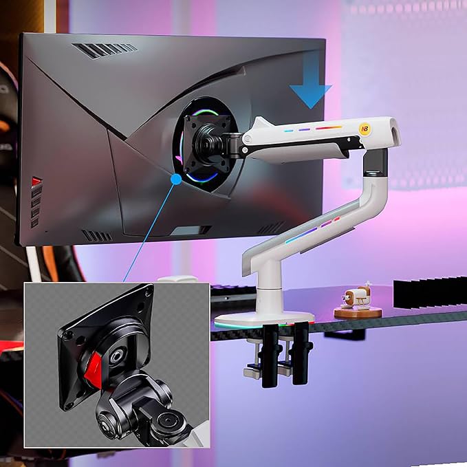 Gaming Monitor Arm for Flat/Ultrawide/Curved Monitors 32 to 60 inch, Heavy Duty Monitor Stand Load up to 20 kg, VESA 75/100 mm Mount (White)