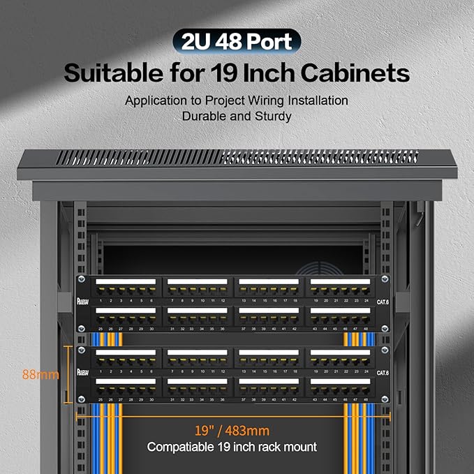 Patch Panel 48 Port Cat6【EC Listed】 2U Network Patch Panel Rackmount Punch Down19 inch RJ45 for 10 Gigabit Network,110 or Krone Impact Tools Compatible Without Cable Management(Cat6)