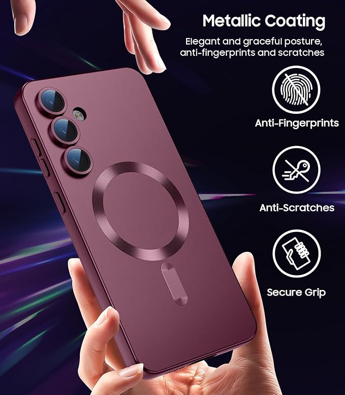 Magnetic for Samsung Galaxy S24 Case [Compatible with MagSafe][Built-in Camera Lens Protector] Slim Soft Silicone Bumper Shockproof Metallic Luster Phone Case (Burgundy)