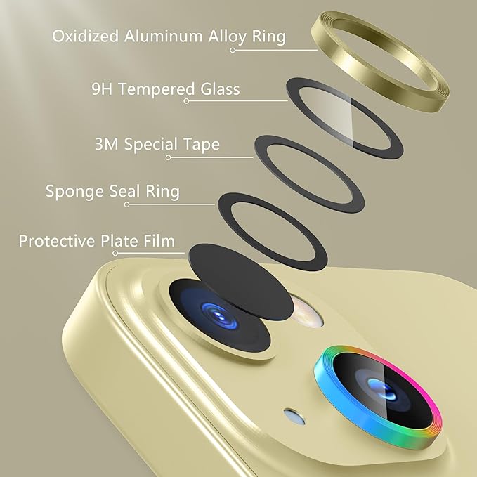 AGVEE 3+3 6 Pack for iPhone 15 6.1" / 15 Plus 6.7" Camera Lens Cover Protector, Metal Ring 9H Tempered HD Glass Camera Cover Protector Film, Yellow