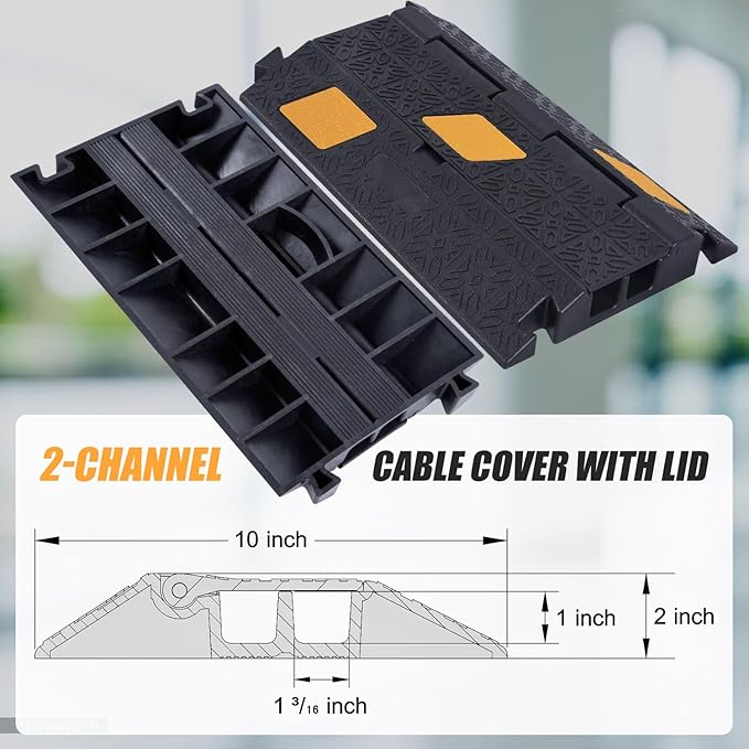6 Pack 2-Channel Rubber Cable Protector Ramp, 17" x 10" x 1.8" inch Interlocking Floor Wire Cord Cable Cover, Visible at Night, Durable Rubber Speed Bump Hump Ramp (2-Channel 6 Pack)