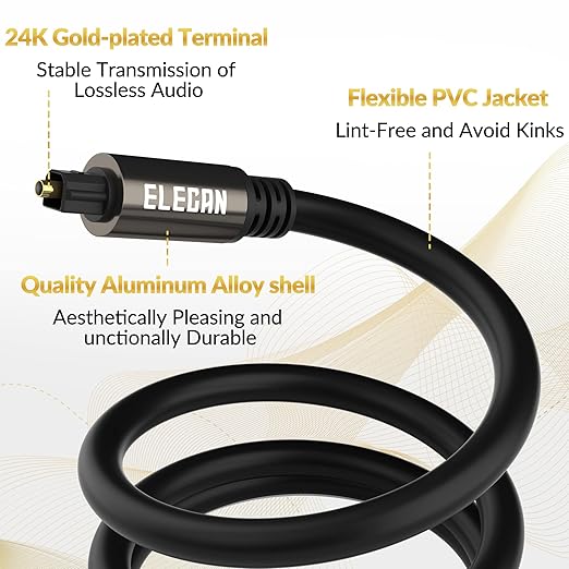 Elecan Optical Audio Cable 25 Ft Digital Audio Toslink Cable Cord-Fiber Optic-Gold Plated-Flexiable&Durable-for Home Theater,Sound Bar,PS4&Xbox-with 4 Right Angled and Mini Toslink Adapters+Ties