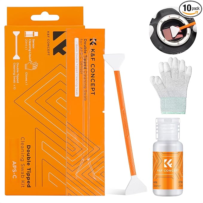 K&F Concept APS-C Sensor Cleaning Kit, Digital Camera Lens Cleaner - 20ml Cleaner, Gloves & 10 X 16mm Double-Tipped Swabs for APS-C Type CMOS & CCD Sensors