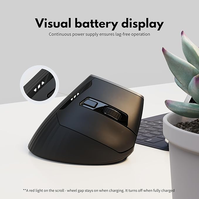 Vertical Mouse Wireless, 2.4G Rechargeable Mouse with Battery Indicator,4 Level DPI,Ergonomic Design for Comfort and Reduced Wrist Strain, Ideal for Home,Office Use (Black)