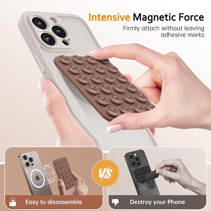 GONEZ Magnetic Suction Cup Phone Mount for MagSafe Case, Removable Silicone Sticky Grip for iPhone 12/13/14/15/16, Hands-Free Selfies and Videos for TikTok & Instagram Influencer/Creator, Brown