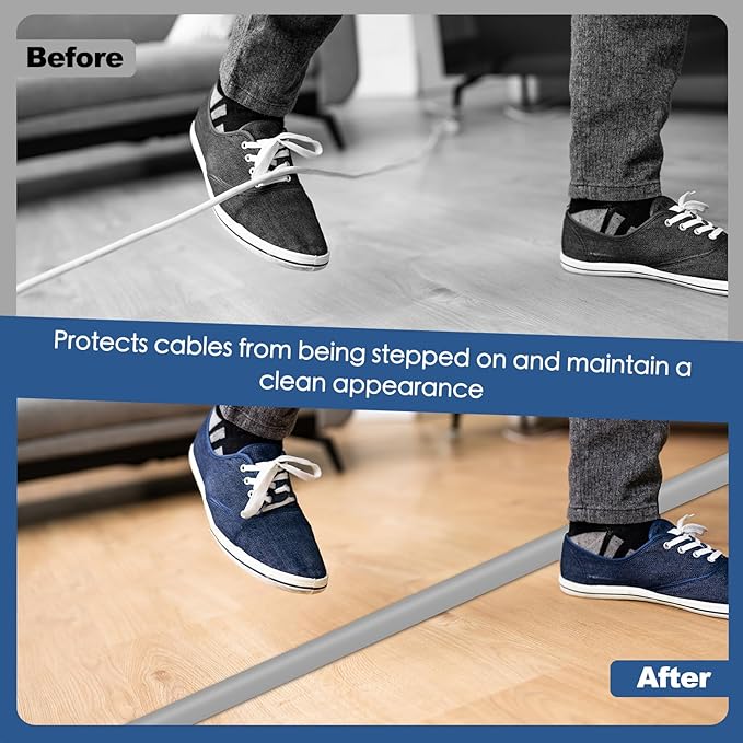 Floor Cord Cover for Wires on Floor Self Adhesive Cord Hider Floor Cable Management Wire Covers for Cords Protector Prevent Cable Trips Cord Cavity W 0.59" x H 0.31", Gray, 10Ft