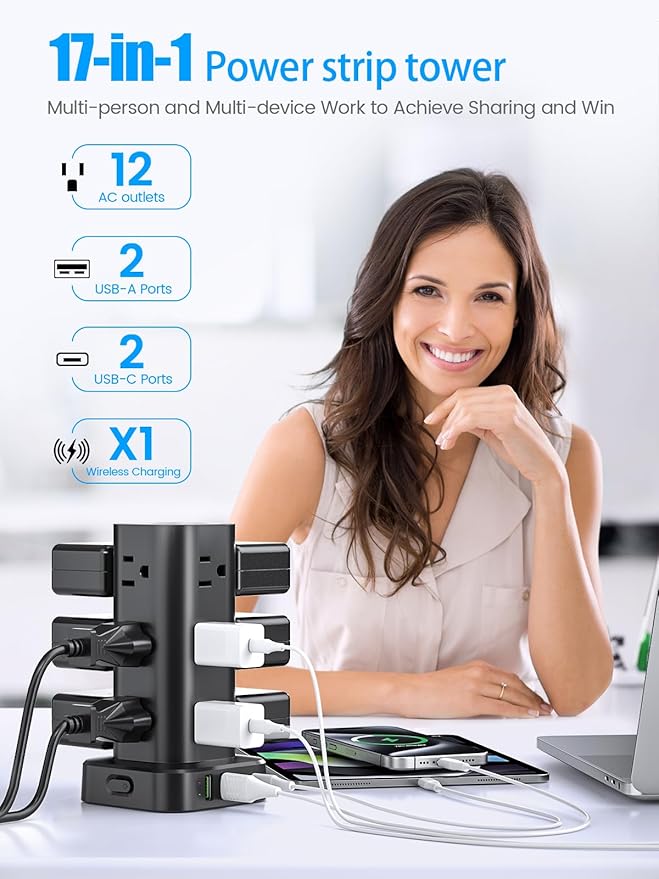 Tower Power Strip with 15W Wireless Charger, 6FT Flat Plug Extension Cord with Multiple Outlets, 12 AC Outlets, 4 USB Ports (2 USB C) Charging Station Surge Protector for Office Home Dorm Room (Black)