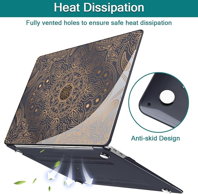 Teryeefi Compatible with MacBook Air 13 inch Case M1 Chip A2337 A2179 A1932 Retina Display Touch ID (A2018 2019 2020 Release), Plastic Hard Shell & Keyboard Cover & Screen Protector,Gold Mandala