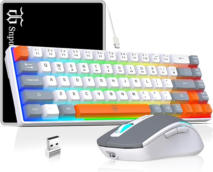 Snpurdiri 60% Wireless Gaming Keyboard and Mouse Combo,Rainbow Backlit Rechargeable 2000mAh Battery,Mini Mechanical Feel Keyboard +Popular RGB Mice for Gaming,Business Office(Gray-White-Orange)