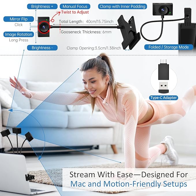 Eye Contact Web Camera for Desktop Computer – 1080P USB Camera with Microphone & Stand, Center Cam for Laptop or Desktop, Manual Focus, Plug & Play for macOS & Windows（Black）