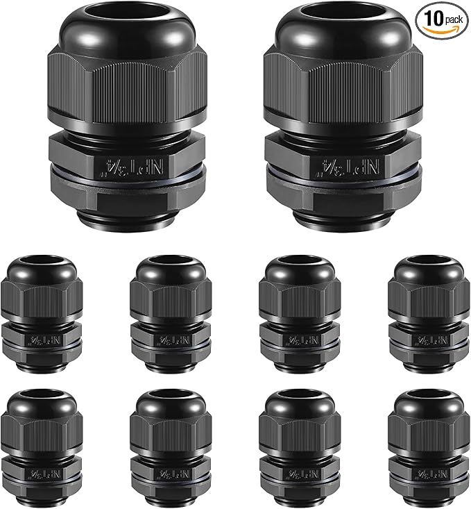 10 PCS 3/4"(12.5-18mm) NPT Nylon Cable Gland Joints with Gaskets, IP68 Adjustable Lock Nut Strain Relief Cord Grip Waterproof Cable Glands - UL Listed and RoHS Compliant
