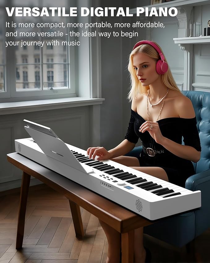 AiJoy 88 Key Beginner Piano Keyboard with Semi-Weighted Keys, 128 Tones, Speakers, USB MIDI, Carry-Bag, Sustain Pedal and Stand, White