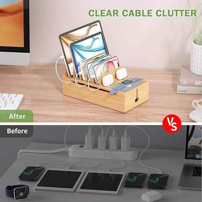 Pezin & Hulin Bamboo Charging Stand Rack, Wooden Charge Box for Mobile Phones, Tablets, Smart Watch and Earbuds, Wire Cable Organizer Box, Bedside Dock Stand Holder (NO Power Adapter Supply) -Natural