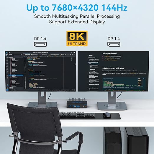 4K@144Hz Displayport KVM Switch 2 Monitors 2 Computers USB3.0 KVM Switch Dual Monitor for 2 Computers Share 2 Monitors and 4 USB Devices Support Extended/Copy Mode with Desktop Controller