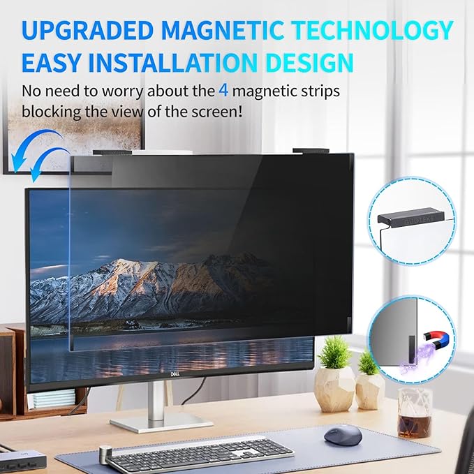 Magnetic Monitor Privacy Screen 27 inch, 9H Hanging Privacy Screen for Computer Monitor for 16:9 Frameless Monitor, Acrylic Eye Protection Anti Glare Blue Light Computer Screen Privacy Filter