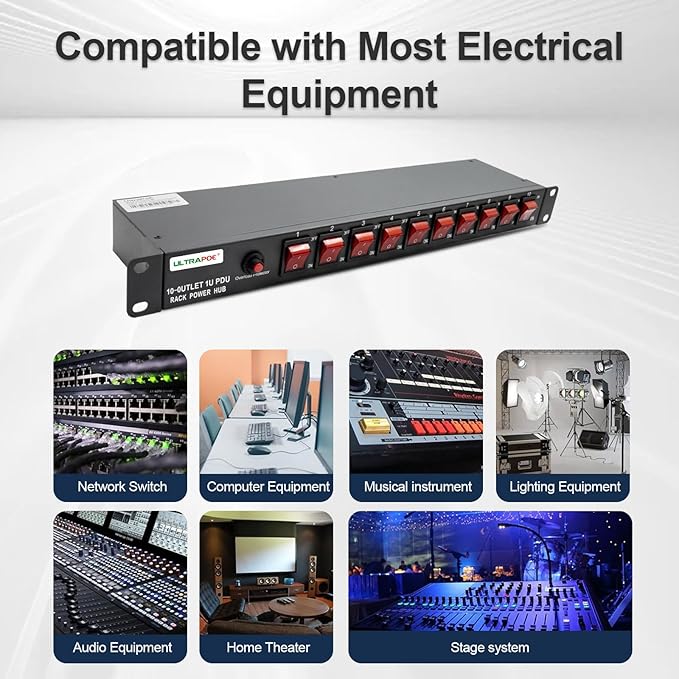 10-Outlet 1U Horizontal PDU Rack Mount Power Strip - Surge Protector,100-240V/15A/1800 Joules,for Network Servers,Power Conditioner with 10 Individual Switches and 6 ft Power Cord