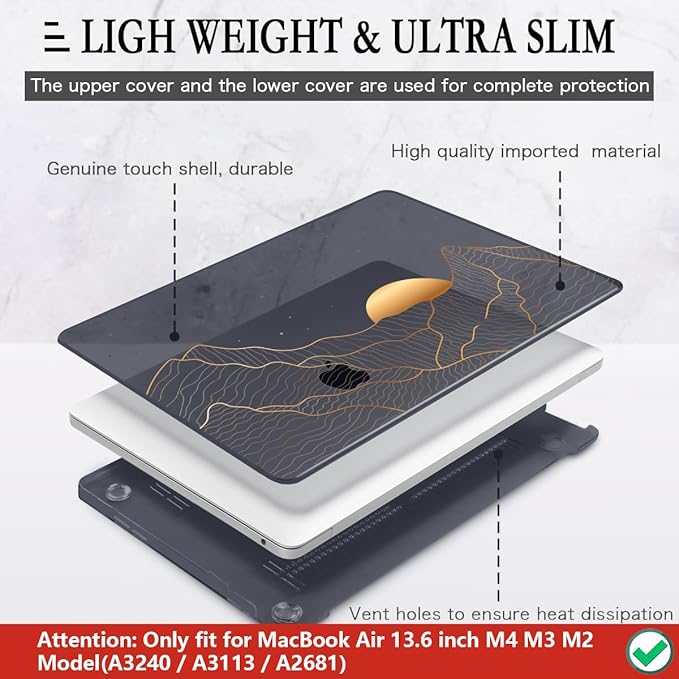 CISSOOK Compatible with MacBook Air 13.6 Inch M4 M3 M2 Case 2022 2023 2024 2025, Crystal Black Plastic Hard Shell Case Cover for MacBook Air 13.6" A3240 A3113 A2681, Sun & Mountain