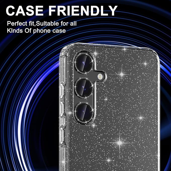 for Samsung Galaxy S25 Plus Camera Lens Protector, Individual Metal Ring Tempered Glass Lens Cover, [Strong Adsorption] Scratch Resistant Ultra-Thin HD Clear Lens Cover, 1 Set-Black Sparkly