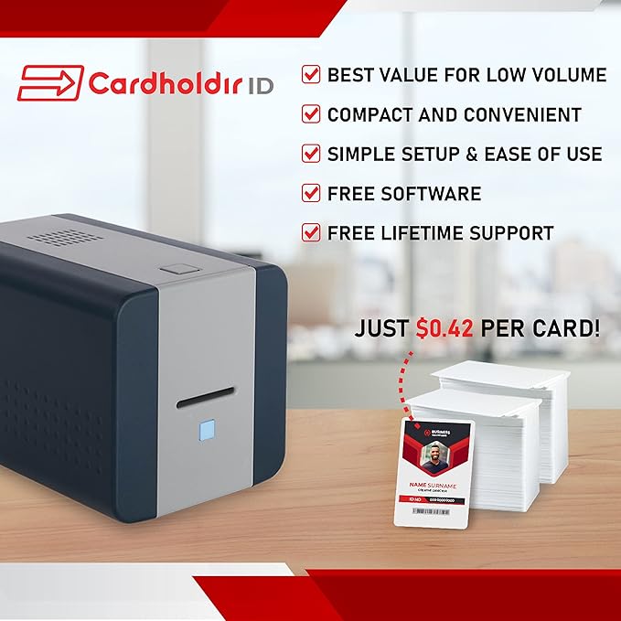 Easy Badges Solid 210 ID Badge Printer | with Beginner Software, & Everything Needed to Design and Print 200 ID Cards, | Single Sided Employee & Student ID Card Printer
