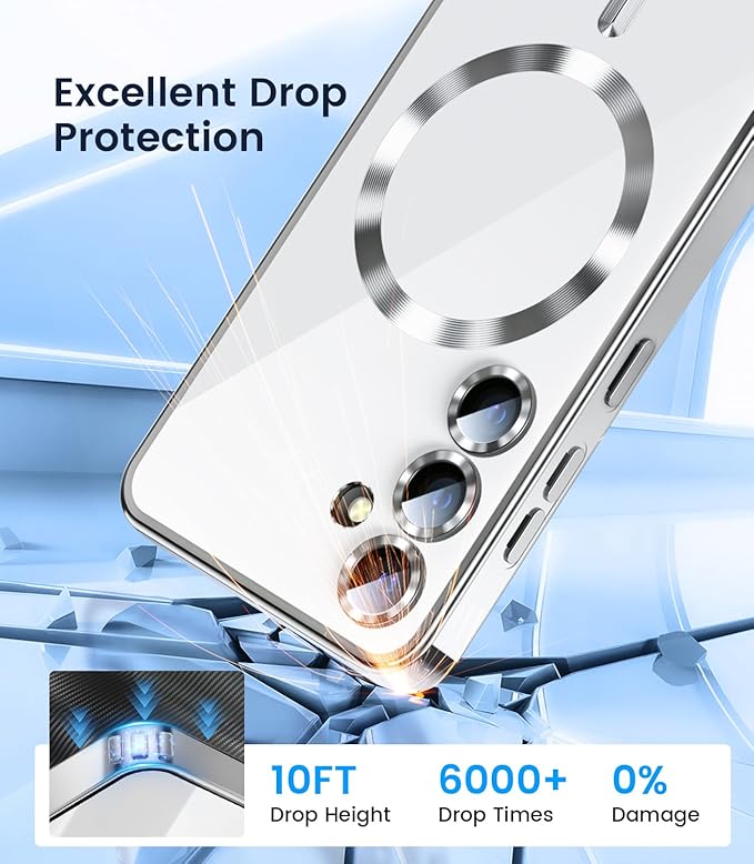 Slim Thin for Samsung Galaxy S25 Plus Case, Compatible with MagSafe, Built-in Camera Lens Protector, Shockproof Protective Phone Case, Soft Electroplated Clear Cover, Silver