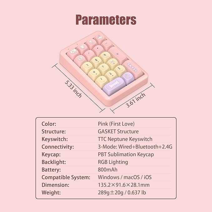 NumberPad,21Keys HotSwappable Numpad,Bluetooth5.0/2.4G/Type-C Wireless Numeric Keypad,Rechargeable Number keypad,RGB Gasket Structure Mechanical Keyboard with PBT Keycap for PC Laptop Notebook