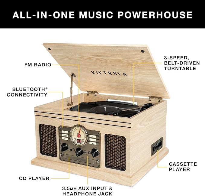 Victrola The Quincy 6-in-1 Bluetooth Record Player & Multimedia Center with Built-in Speakers – 3-Speed Turntable, CD & Cassette Player, AM/FM Radio, Wireless Music Streaming (Farmhouse Oatmeal)