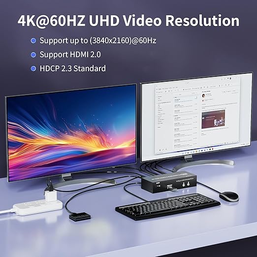 HDMI KVM Switch 2 Monitors 2 Computers 4K@60Hz USB 3.0 KVM Switcher Share Dual Monitor Extended Copy Display and 3 USB Devices Keyboard Mouse