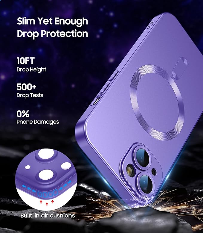 Magnetic for iPhone 15 Case [Compatible with MagSafe][Built-in Camera Lens Protector] Slim Soft Silicone Bumper Shockproof Metallic Shine Phone Case (Purple)